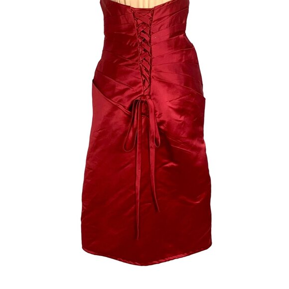 Glam Strapless Red Satin Pleated Cocktail Dress Corset Back M Hoco Bridesmaid - Picture 6 of 10